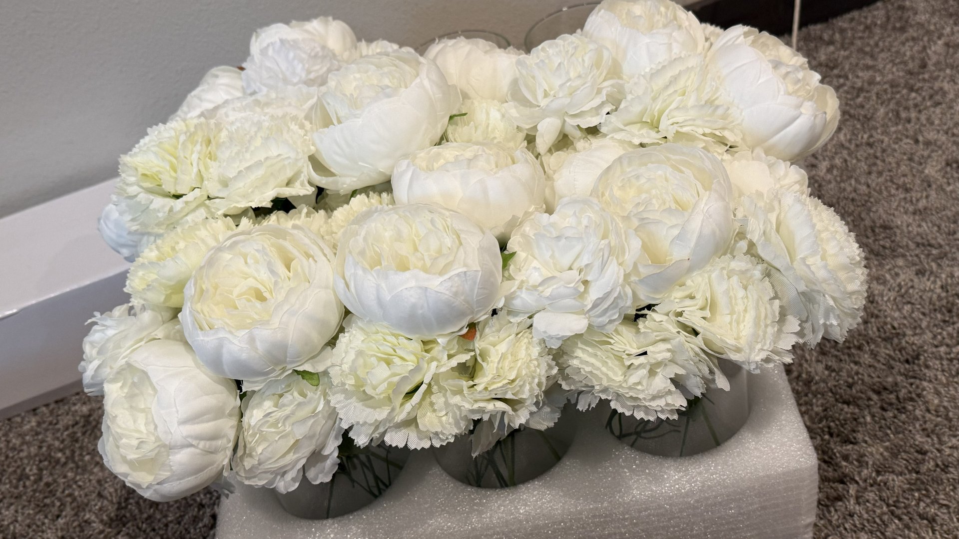 White peony low centerpiece arrangement